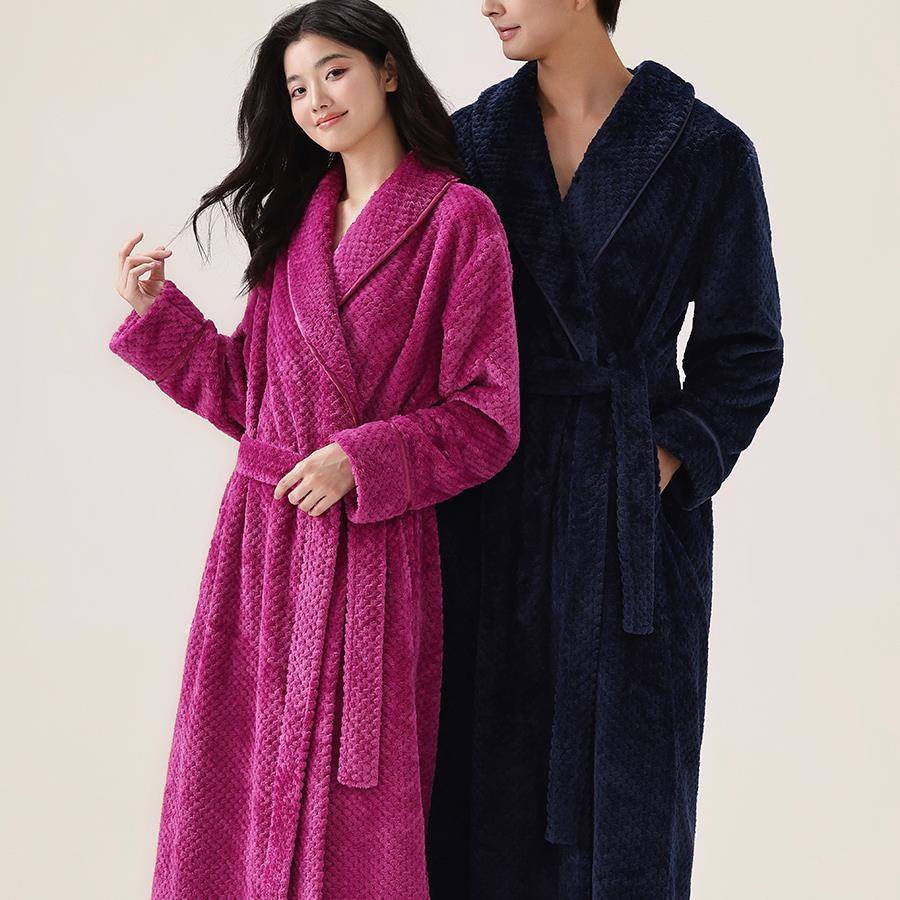 秋冬睡袍女秋冬新款色收腰睡衣洗完澡穿的情侣浴袍家居服套1009c