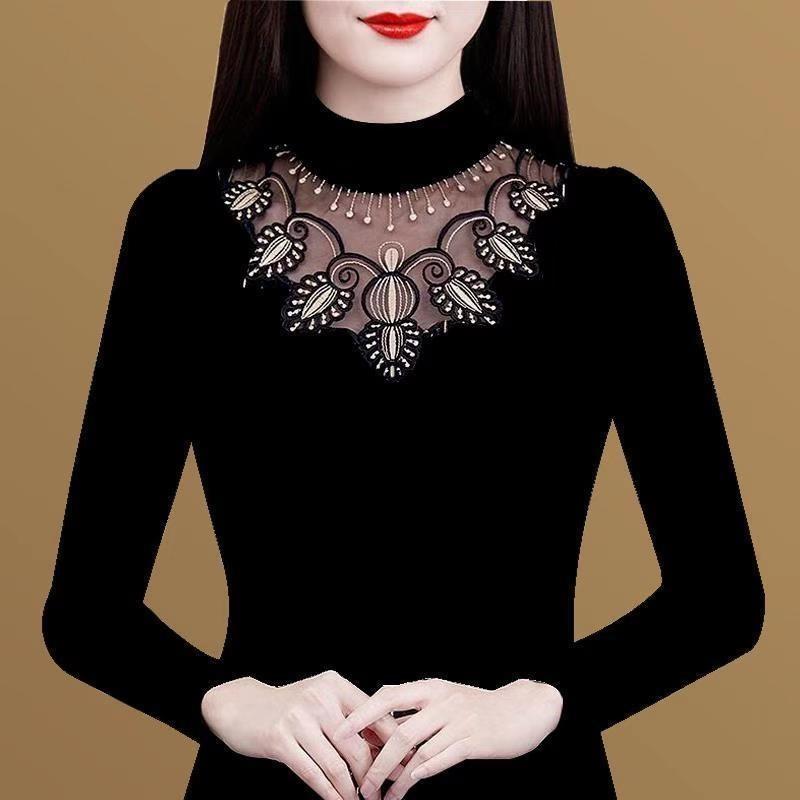 秋冬女打底衫长袖百搭2025新款蕾丝网纱洋气小衫修身气质内1119k