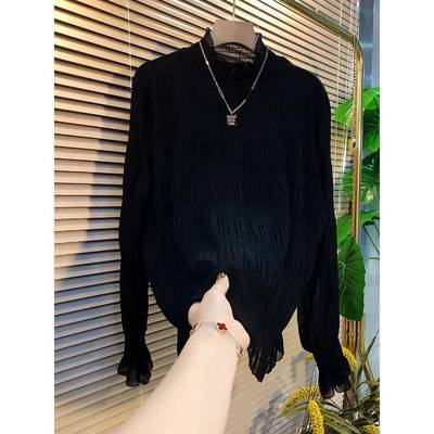 黑色半高领蕾丝打底衫女冬加绒加厚内搭长袖小衫木耳边洋气1130w