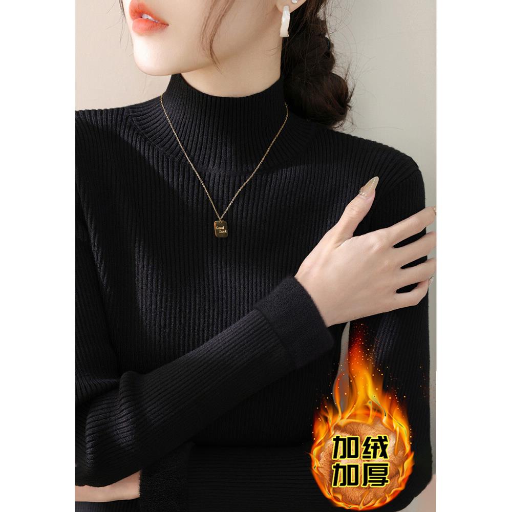 秋冬黑色加绒加厚半高领打底衫一体绒毛衣保暖内搭针织衫上1121z