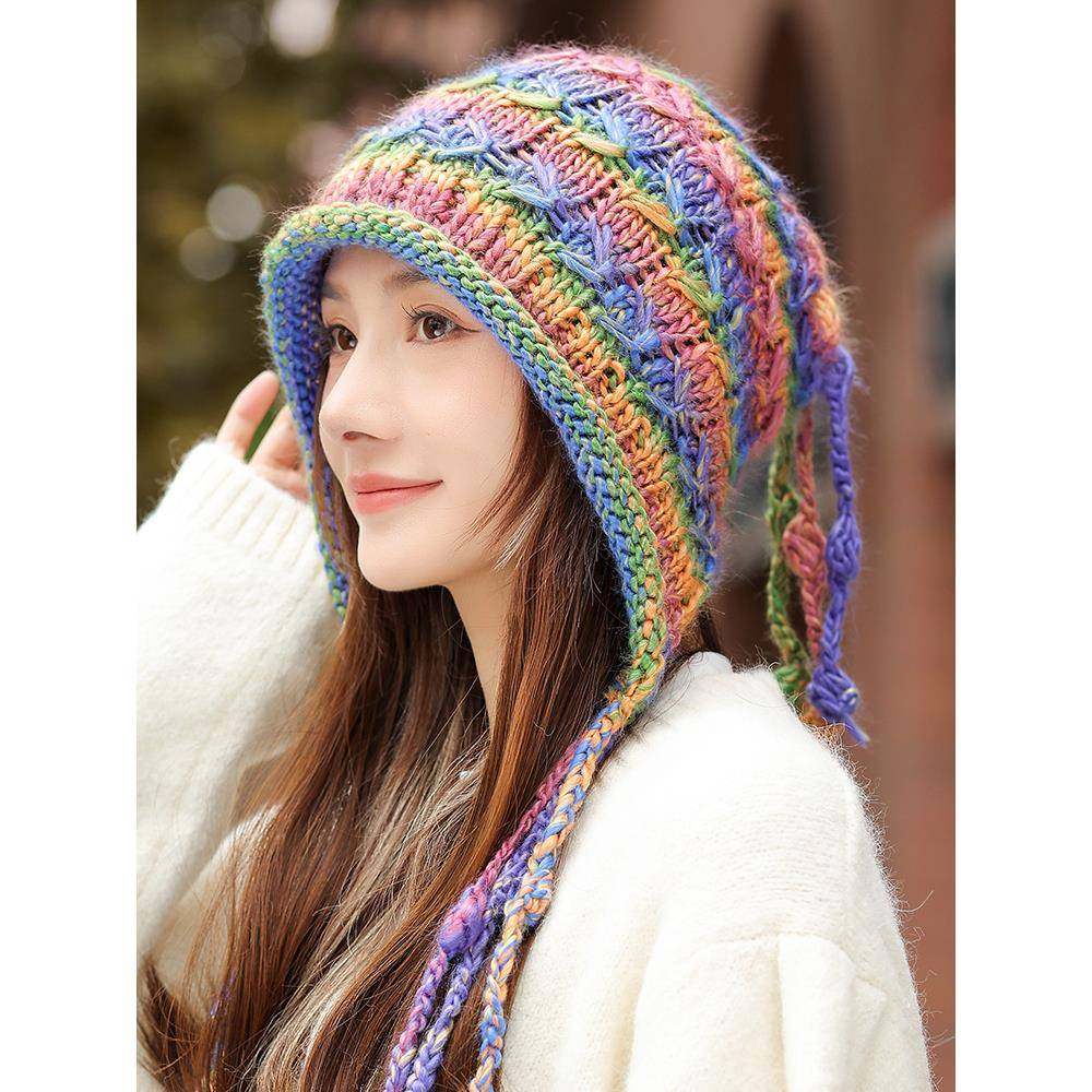 帽子女士秋冬保暖护耳毛线帽编制防寒针织帽显脸小流苏包头1214r