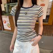 春季 0205z T恤短款 甜酷辣妹简约百搭圆领条纹T恤女小个子修身 短袖