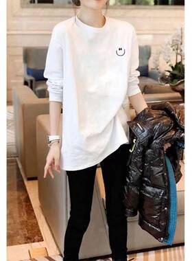 白色纯棉打底衫女春秋2026新款印花休闲百搭长袖t恤宽松显瘦0111r