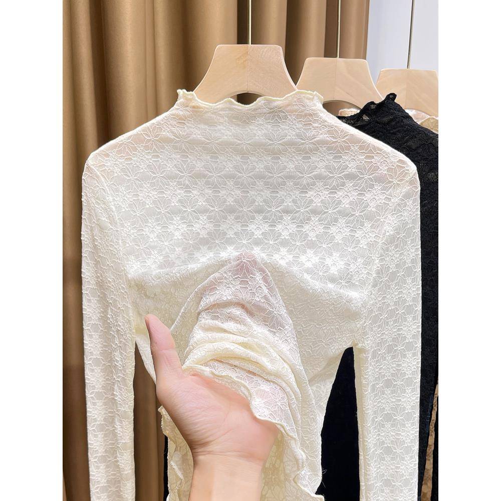 冬半高领蕾丝打底衫女2025新款洋气毛衣内搭薄款纱衣木耳边1208w