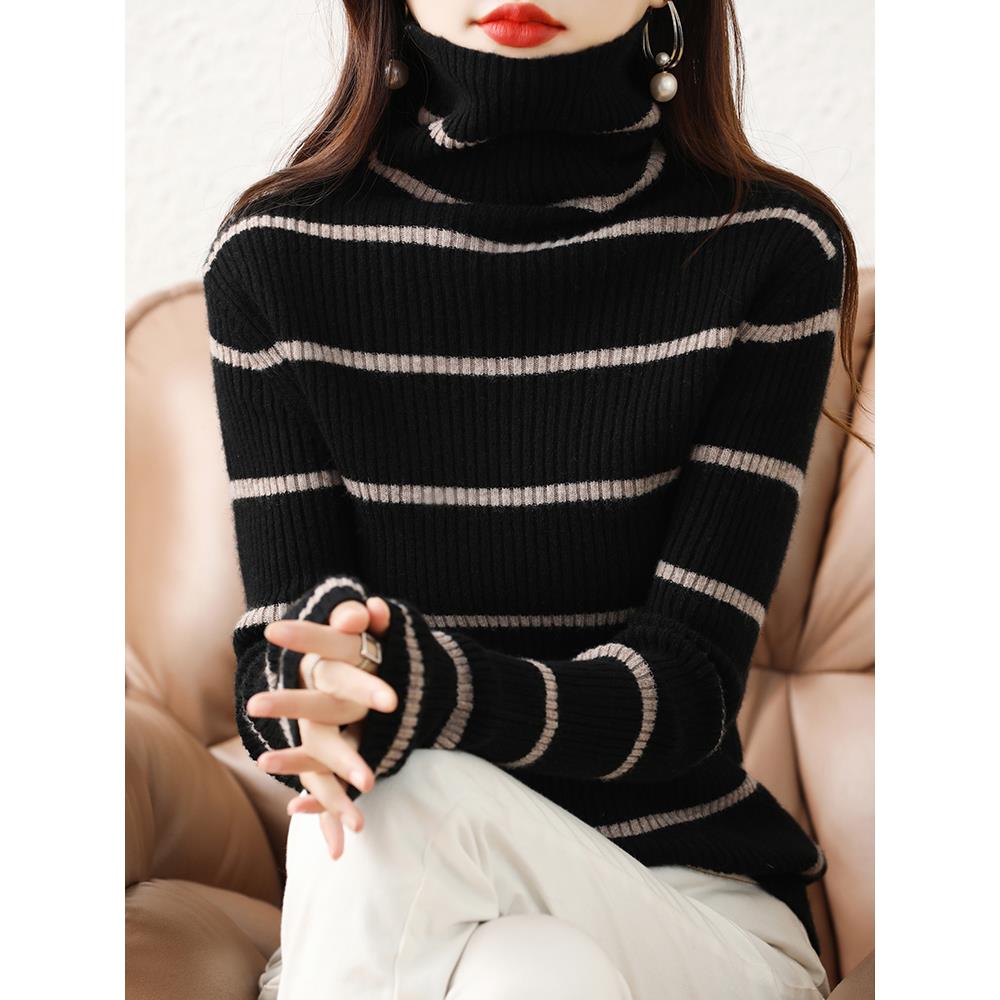 洋气新款修身条纹针织衫女秋冬高领长袖内搭打底堆堆领毛衣1208r