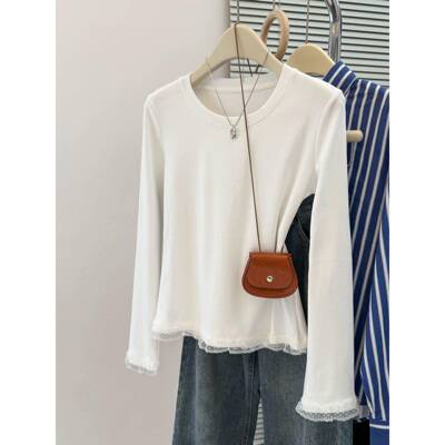 棉春秋蕾丝拼接下摆长袖T恤女大码胖mm修身韩版设计感打底上0111r