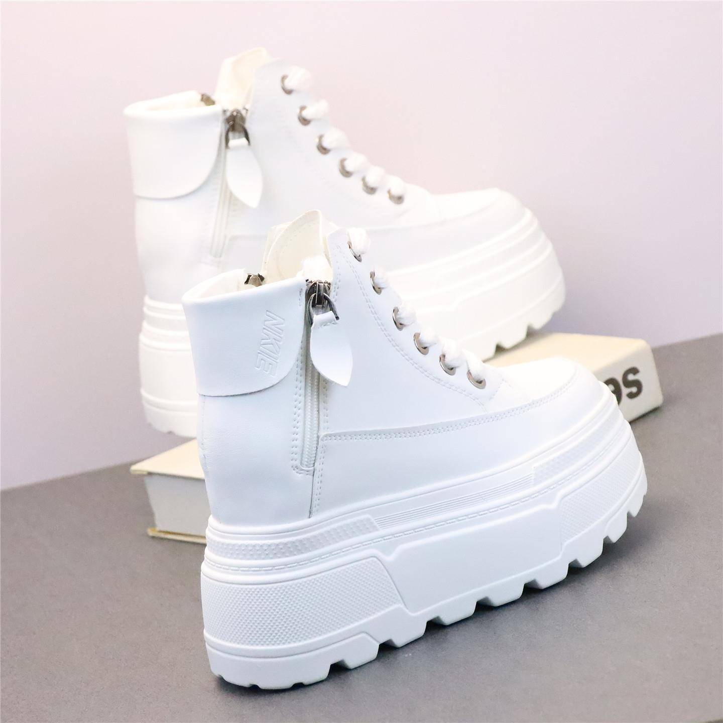 高跟12cm内增高小白鞋冬高帮女鞋休闲厚底松糕跟拉链单鞋1126w