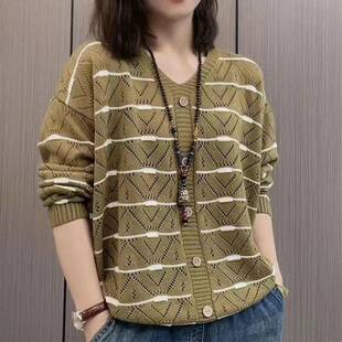 1014r镂空针织衫宽松女士毛衣长袖秋秋季年新款套头V领薄款上衣潮