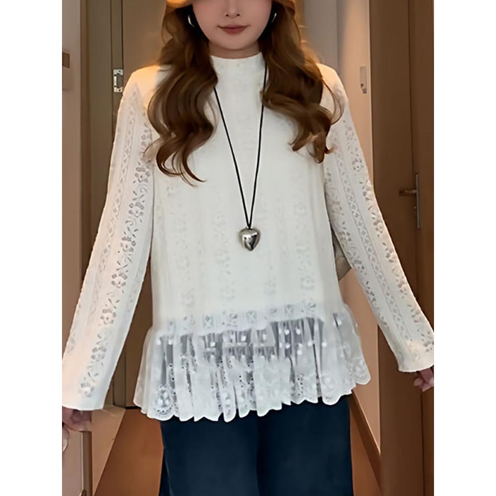 大码蕾丝内搭打底衫女2025新款冬胖MM遮肉显瘦上衣白色长袖t1126w