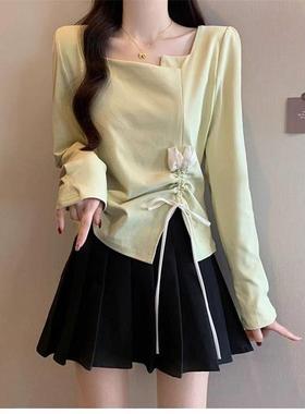 感方领抽绳长袖T恤2026春大码装胖法式遮肚正肩上衣0122k