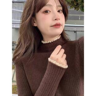 1014r厚和温暖的所有在秋天和冬天的女性一体毛衣与蕾丝高领针织