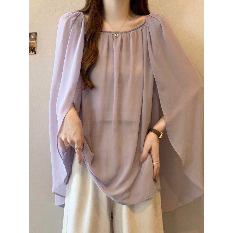 夏季薄款紫色雪纺衫2026新款大码女装胖高级感遮肚斗篷防晒0415e