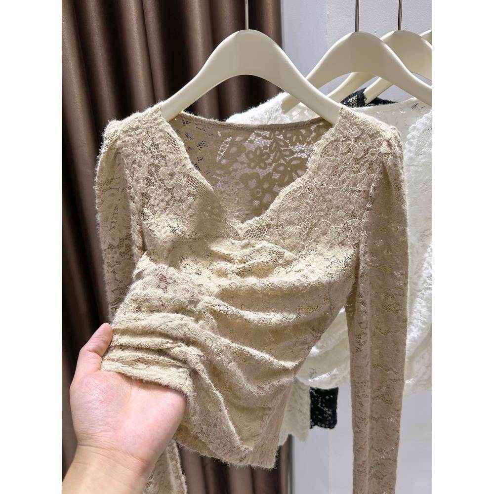 波浪蕾丝V领蕾丝下摆衬衫搭配拉丝长袖法式短修身上衣适1124r