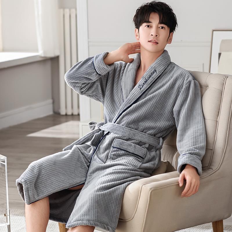 秋冬珊瑚绒睡袍男士秋冬季加绒加厚中长款2025新款华夫格休1009c
