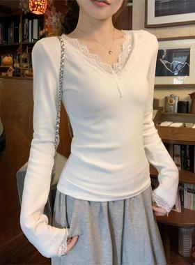 0111r棉蕾丝v领长袖打底衫女春季新款大码胖mm外穿内搭修身T恤