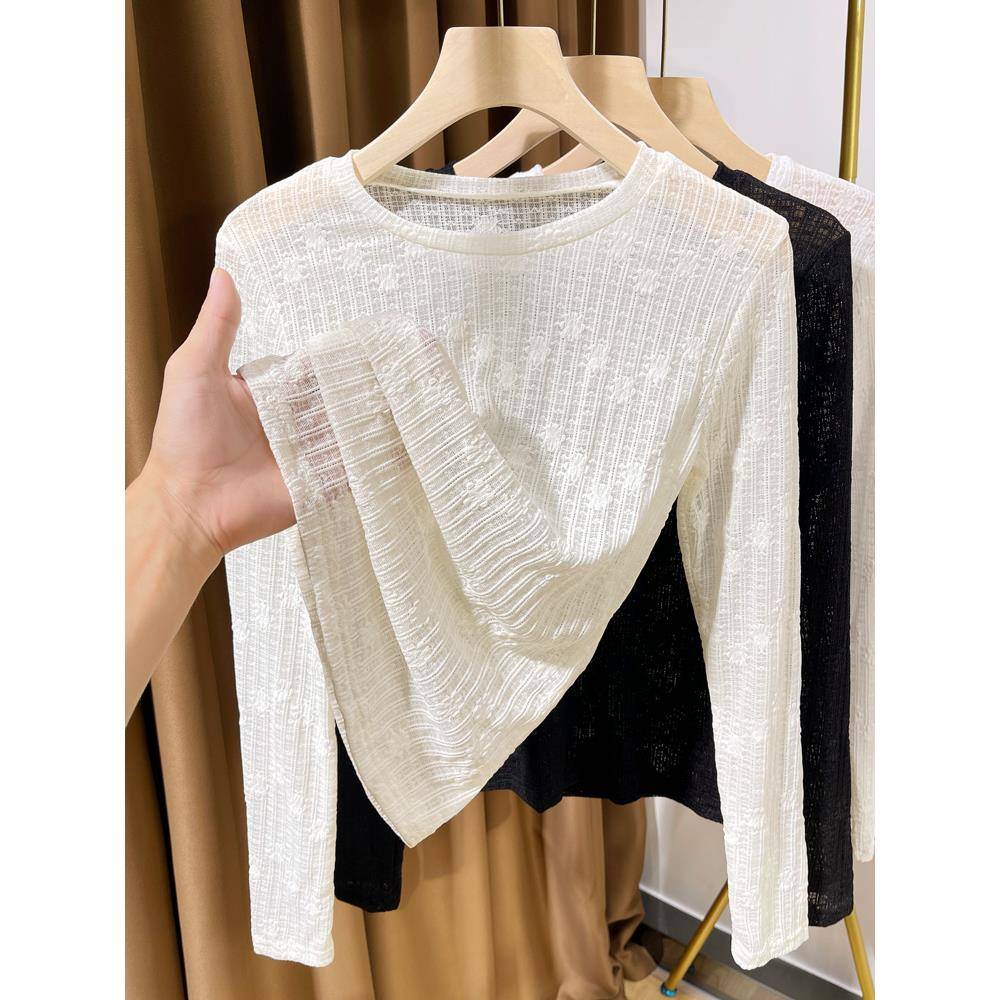 冬新款蕾丝打底衫女长袖纱衣2025洋气薄款圆领白色网纱内搭1208w