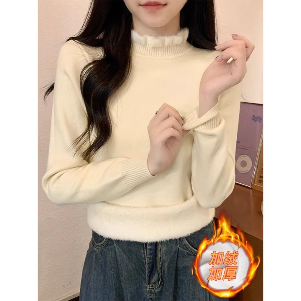 秋冬一体绒加厚半高领木耳边内搭上衣针织打底衫保暖毛衣女1211z