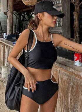 黑色高腰简约分体游泳衣女夏韩国风小胸性感镂空遮肚显瘦度0612e