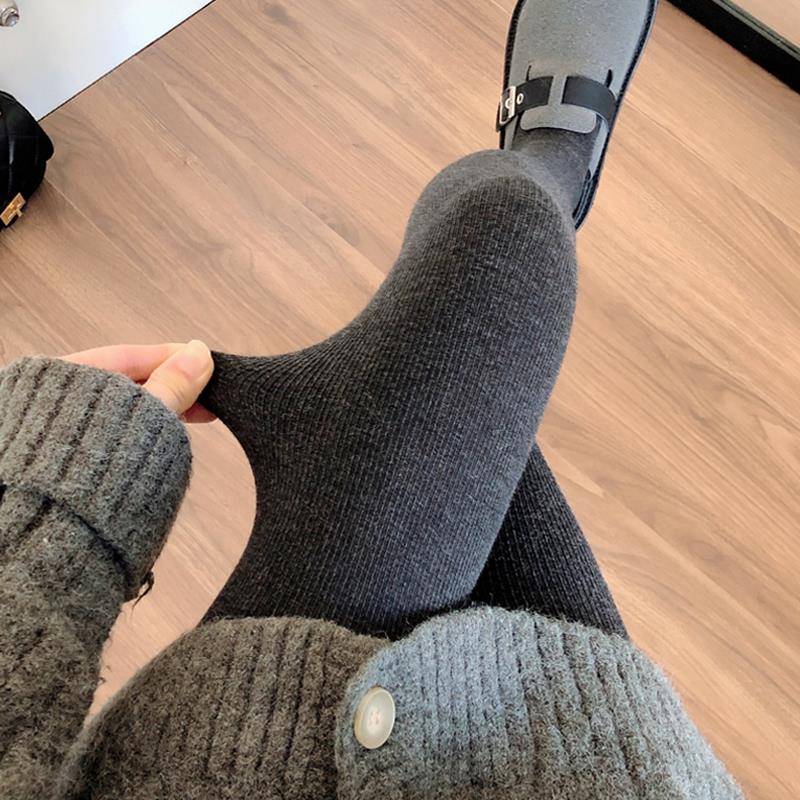 秋冬加厚加绒深灰色打底裤女保暖咖色连裤袜竖条纹烟灰色踩1016z
