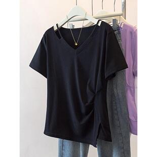 胖mm遮肚显瘦正肩v领上衣0320w 夏季 不规则短袖 T恤女大码