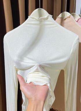 白色半高领长袖女士春季季新款紧身超弹性皮肤服装配薄t0203r1
