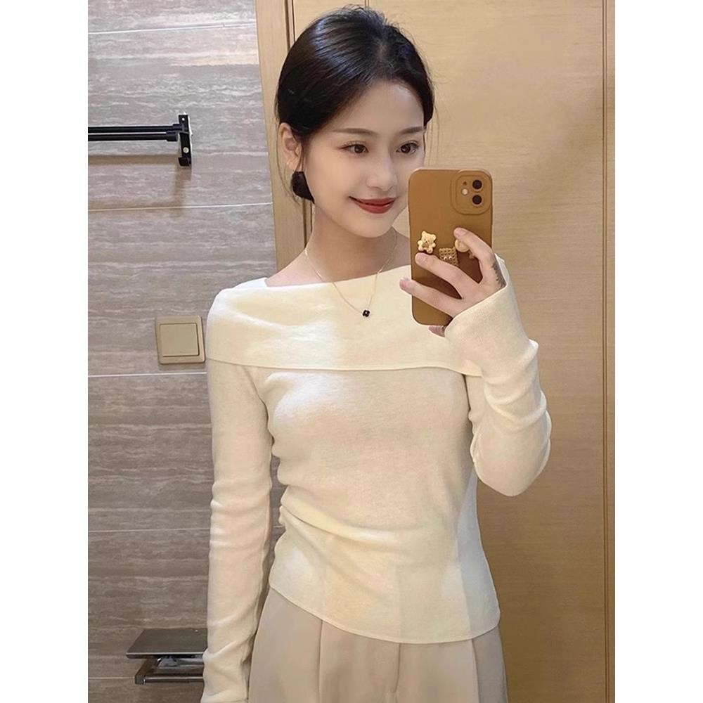 秋冬法式温柔风一字肩针织打底衫2025修身长袖上衣毛衣女装1211z