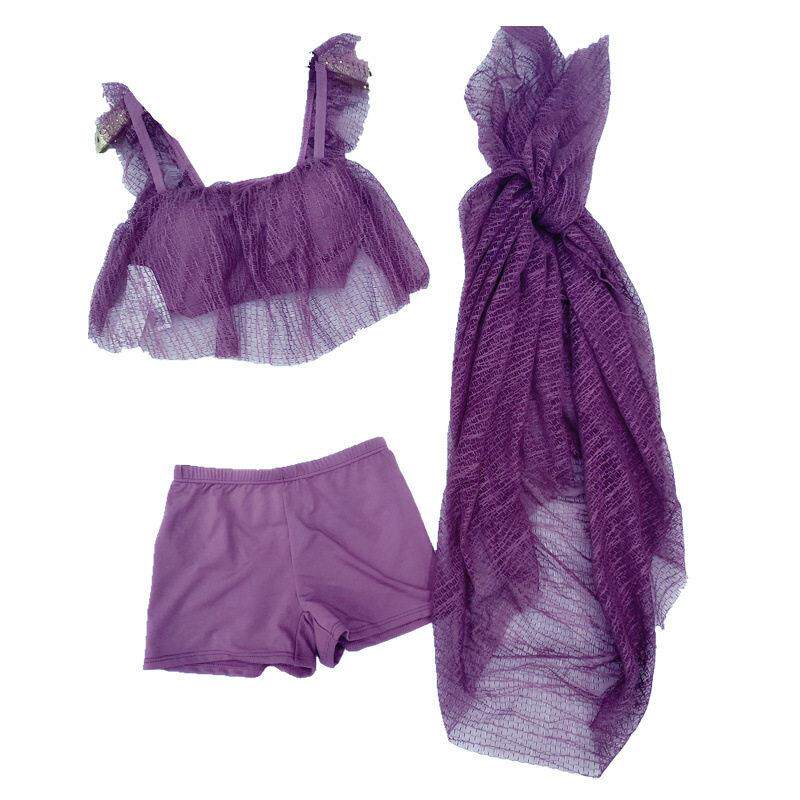 性感泳装纯色分体比基尼三件套带聚披纱女士泳衣0414e