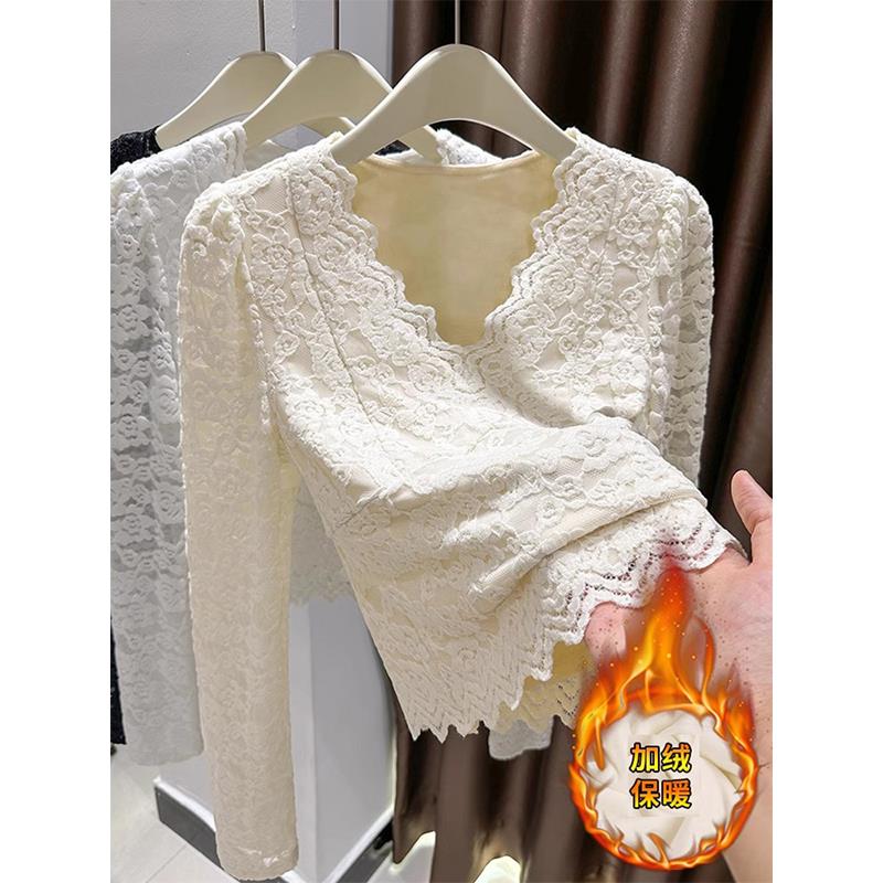 感V领蕾丝打底衫季加绒加厚内搭洋气泡泡袖大码胖上衣1127k