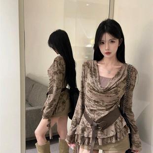 废土风灰色感假两件荡领长袖 独不规则上衣配皮带1228w T恤女秋季