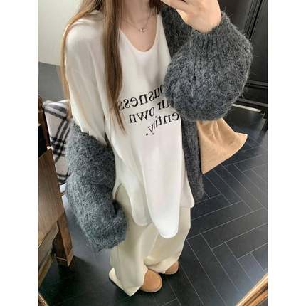 大尺码慵懒风长袖T恤女秋冬宽松遮pp开叉内搭上衣德绒保暖打1220w