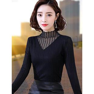 内搭半高领蕾丝网纱小衫 保暖长袖 百1221k1 黑色年新款 秋冬女打底衫