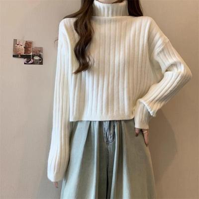 冬季别致高领坑条短款毛衣女2025新款小个子韩版宽松加厚针1128r