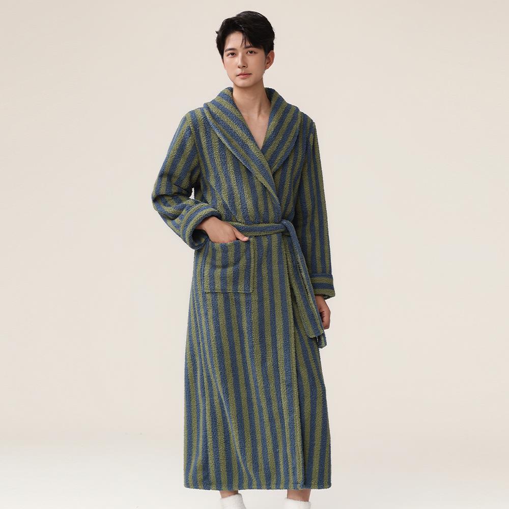 秋冬睡袍男款加绒加厚秋冬新款保暖竖条纹情侣家居服珊瑚绒1009c