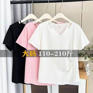 女装 200斤显瘦上衣大码 0320w T恤遮肚不规则夏季 胖mmV领短袖
