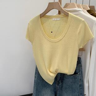 感独漂亮鹅黄色U领短袖针织衫女夏2026新款黄色正肩T恤上衣0311w
