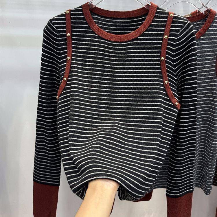 秋冬大码女装撞色圆领条纹针织上衣女洋气宽松遮肚显瘦打底1207z