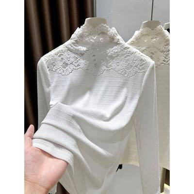 好看蕾丝拼接打底衫女秋冬花边半高领内搭薄款修身叠穿神器1124r