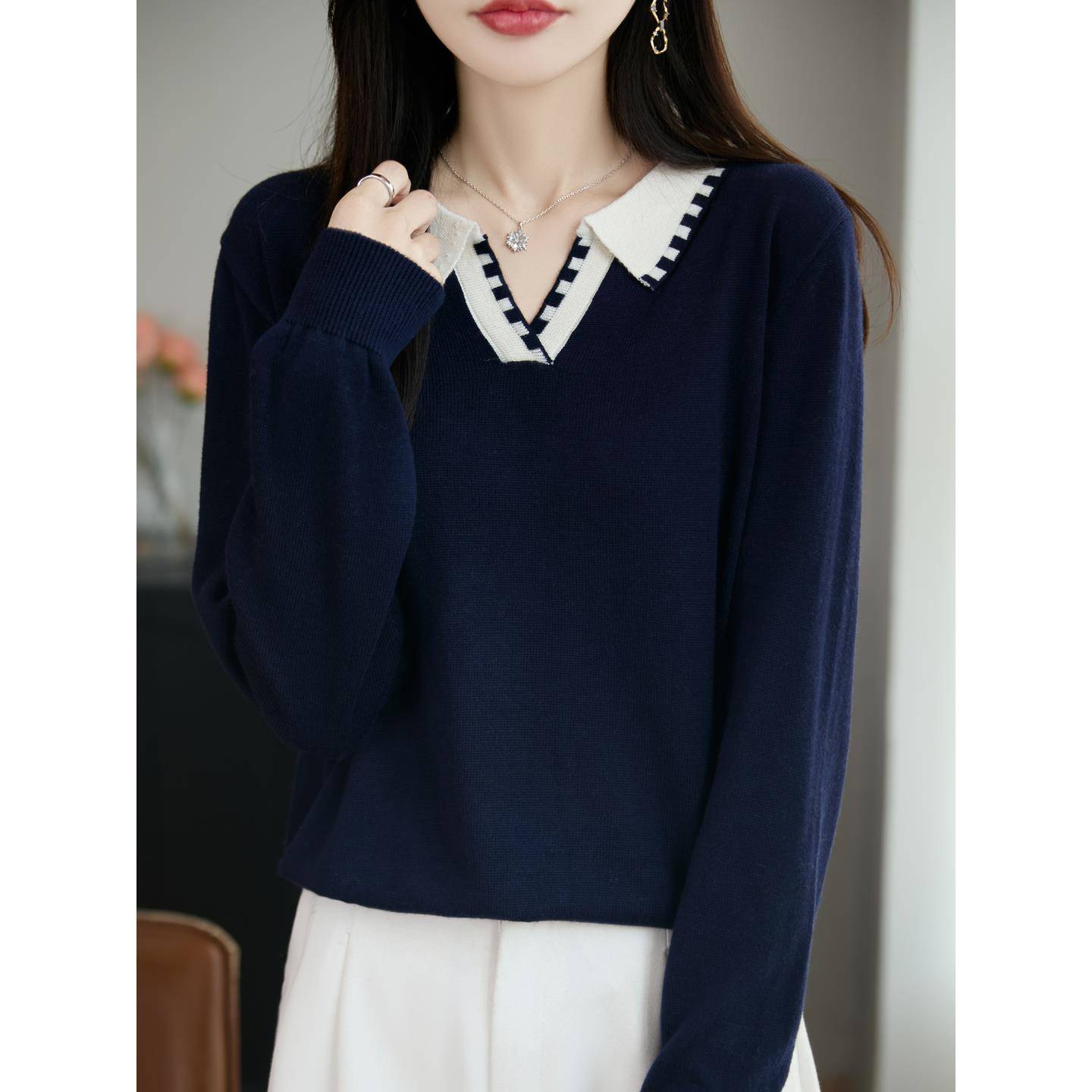 秋冬拼色翻领套头毛衣女新款半开领宽松遮肉针织打底衫1129z