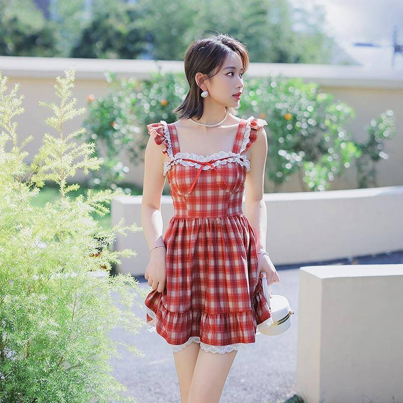 法式欲风大码连体泳衣女少女红色格子保守遮肚显瘦温泉泳装0930z