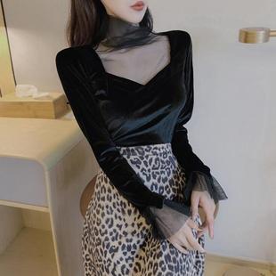 加绒加厚双面绒蕾丝上1208w 冬20新款 金丝绒打底衫 女内搭洋气小衫