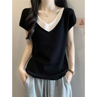 短袖女士t恤假两件套夏季加码胖女孩宽松和苗条的外观0210r