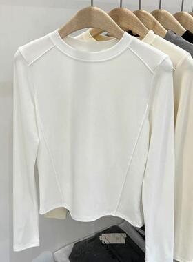 棉圆领长袖T恤女2026春秋新款大码胖mm修身内搭打底衫正肩上0111r