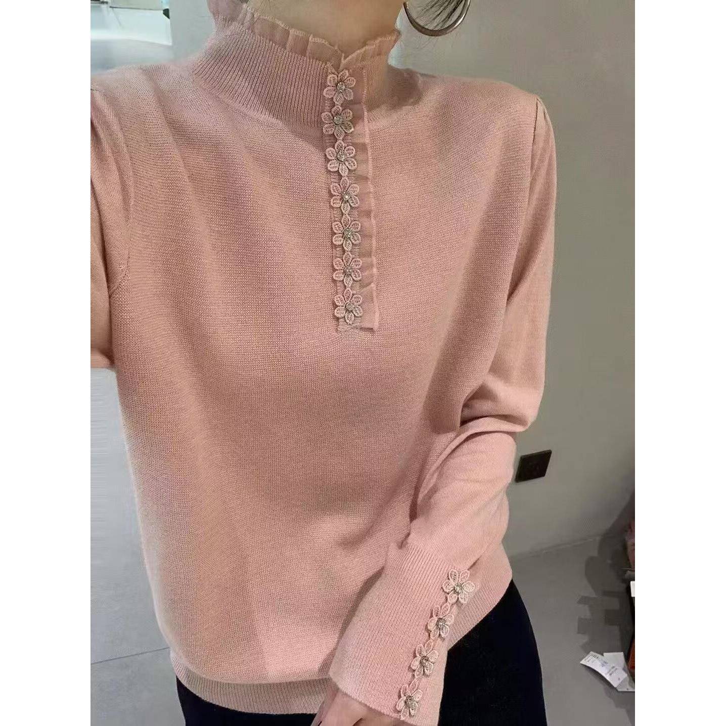 冬季半高领蕾丝打底衫女内搭2025新款细立体小花毛衣针织衫1128r