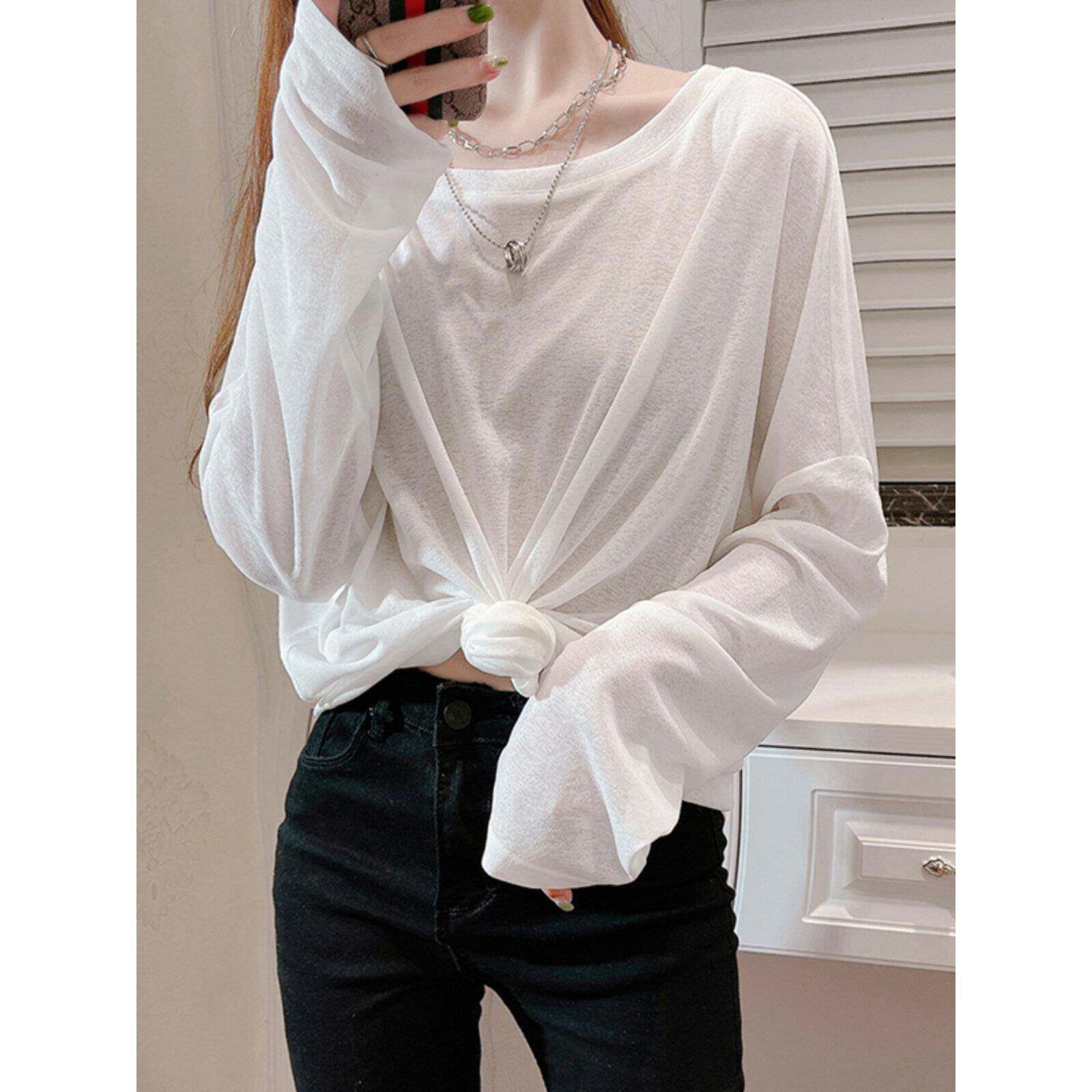 白色t恤宽松女夏薄大领口微透网纱吊带外搭套头罩衫针织上衣0301w