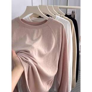 松松舒适的春女长袖t恤单薄纯色圆领上衣百搭底衫0206zd