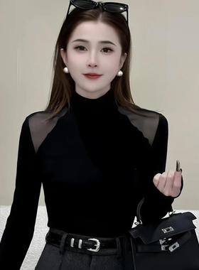 2026春季新款半高领时尚正肩长袖T恤女装网纱修身显瘦打底衫0111r