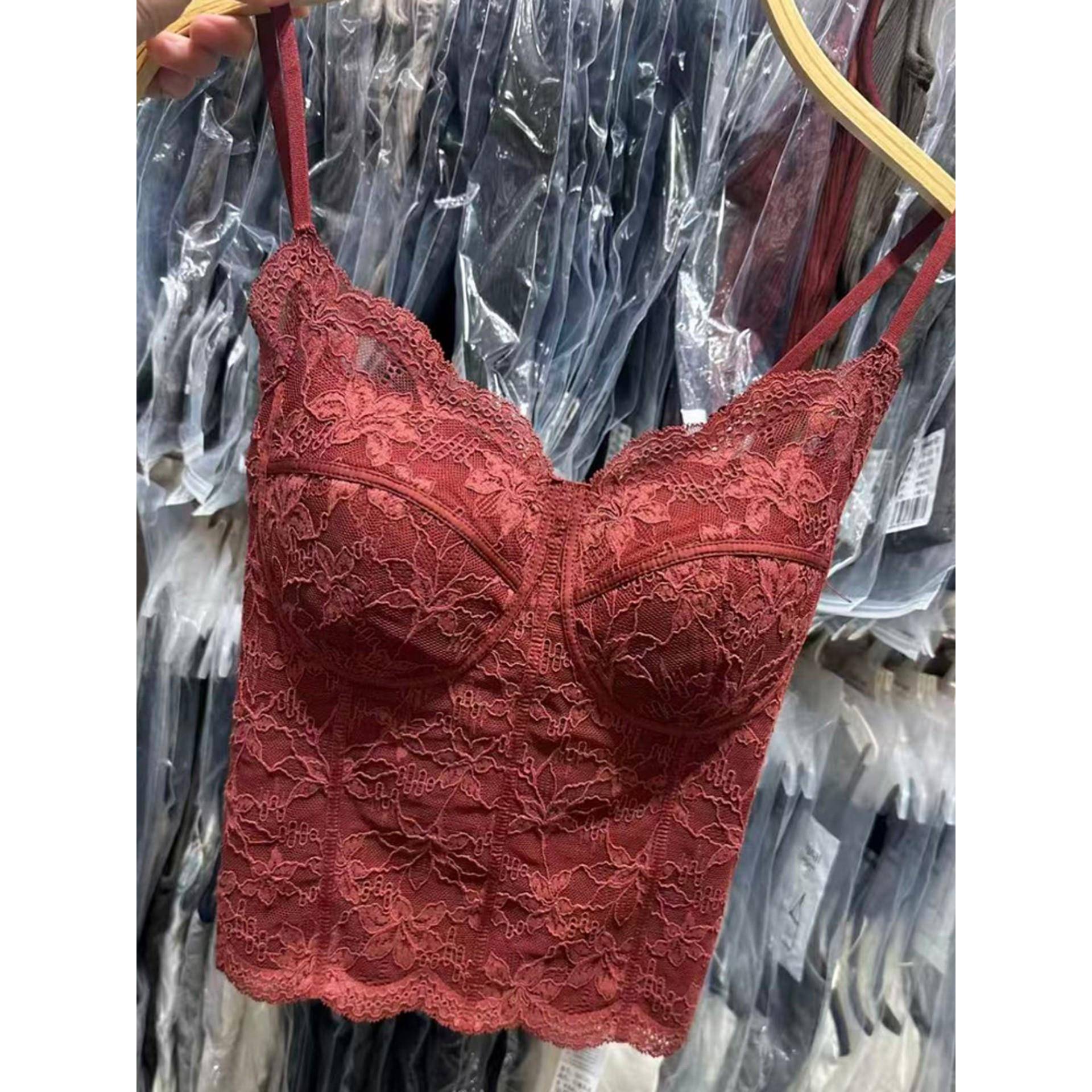 酒红色磨绒蕾丝美背吊带文胸一体背心女马甲线鱼骨胸衣保暖1112r