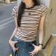 气质法式 撞色条纹圆领短袖 T恤女2026美式 春季 正肩修身 上衣辣0205z