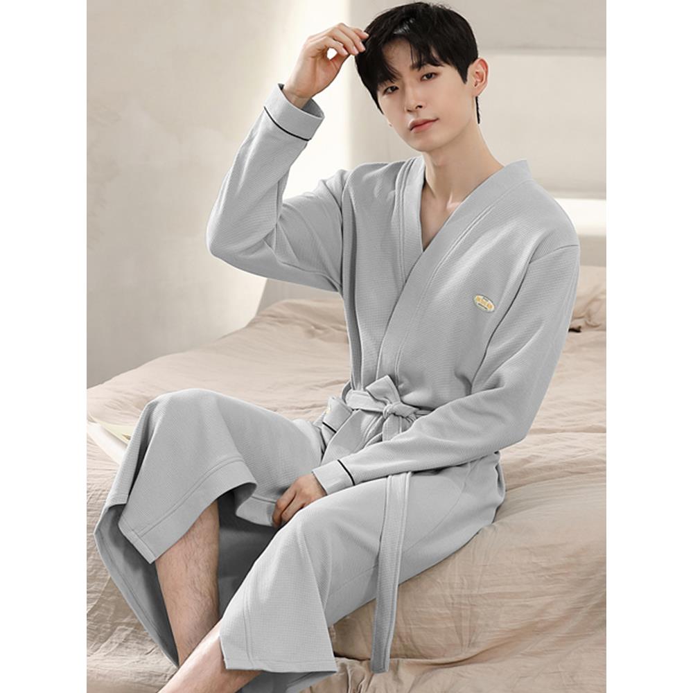 秋冬华夫格浴袍男款秋季中长款男士睡袍2025新款一体式浴衣1009c