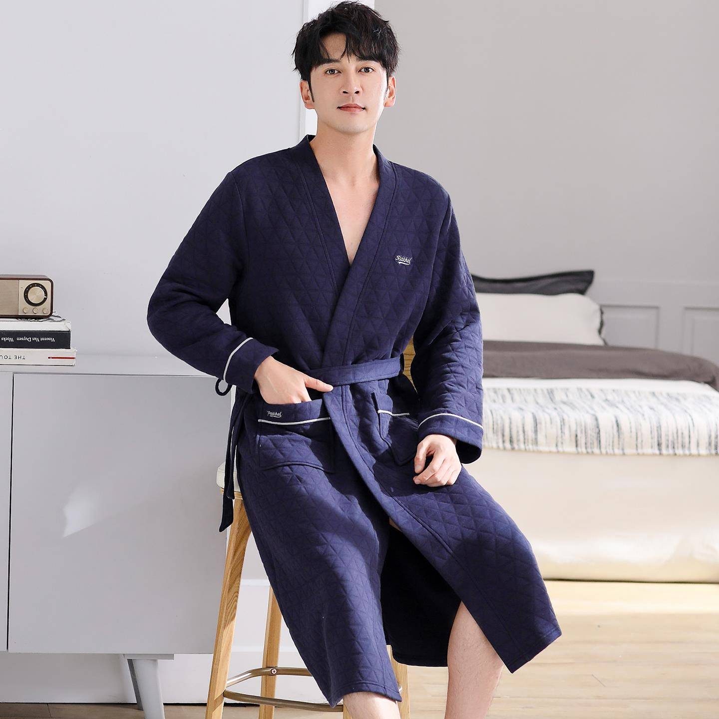 秋冬睡袍男士秋冬季夹层加厚2025新款秋薄款夹棉男款浴袍家1009c